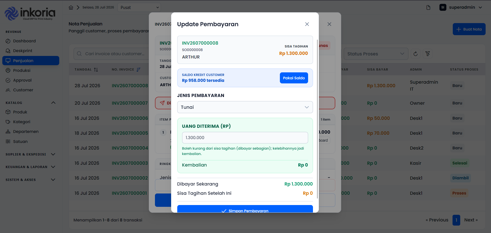 Aplikasi kasir percetakan & digital printing Inkoria — proses pembayaran di layar POS