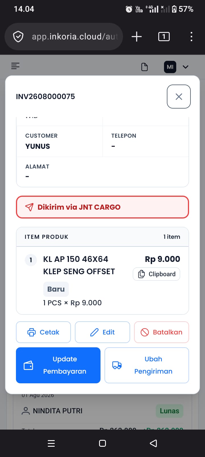 Detail nota penjualan Inkoria di HP