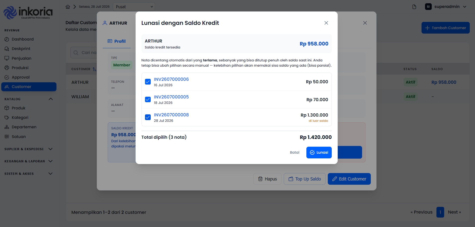 Pelunasan beberapa nota sekaligus dengan saldo kredit customer di Inkoria